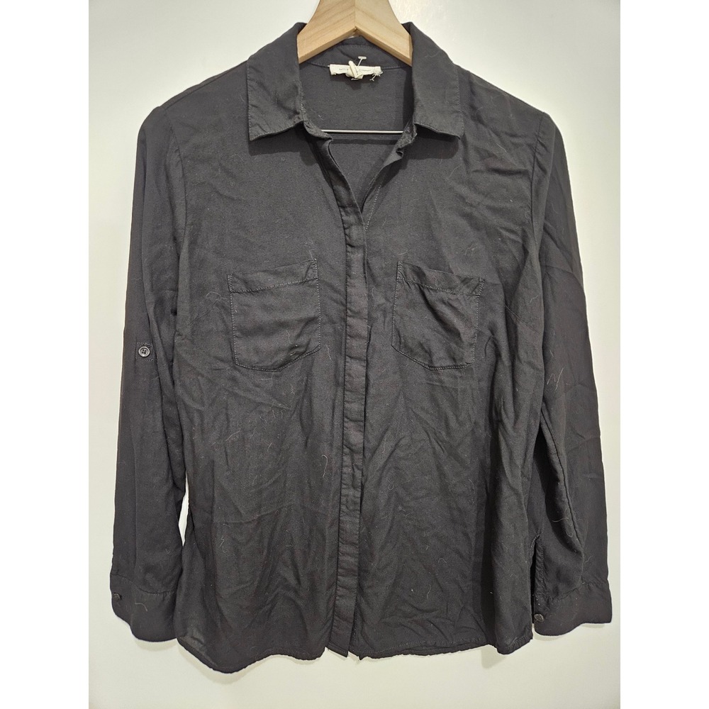 Beachlunchlounge Black Viscose Button Down Roll Tab Sleeve Blouse Small
